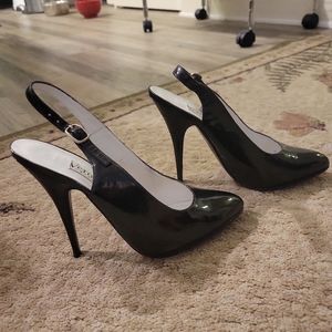 Black patent leather stiletto slingback heels